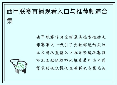 西甲联赛直播观看入口与推荐频道合集