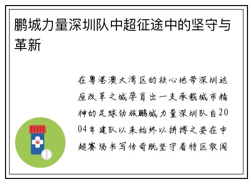 鹏城力量深圳队中超征途中的坚守与革新