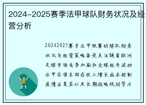 2024-2025赛季法甲球队财务状况及经营分析